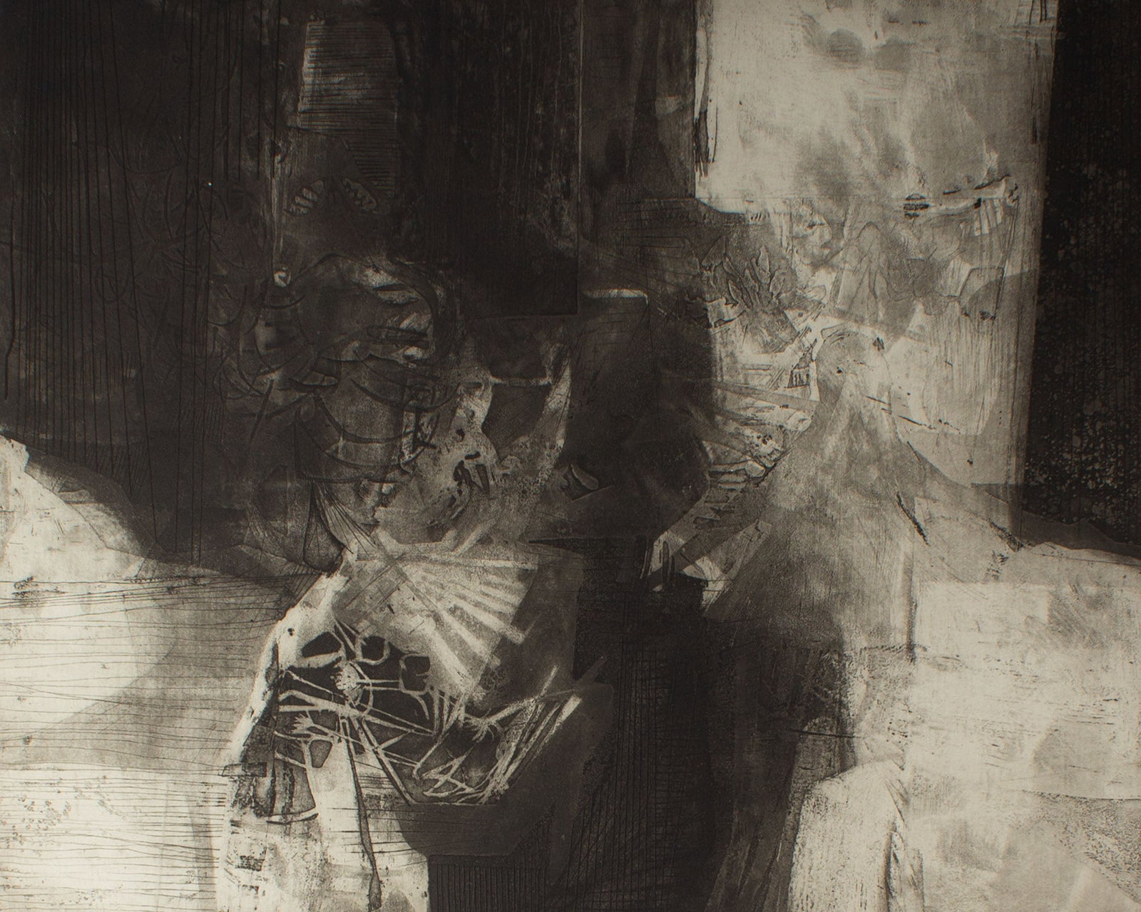 Walter Sorge "Atelier" Limited Edition Aquatint Print: Abstract aquatint print titled Atelier by Walter Sorge (Canadian; 1931-2021). Signed, titled, numbered 13/30 lower edge. Measurements: 26.5" W x 22.5" H (sheet); 23.5"