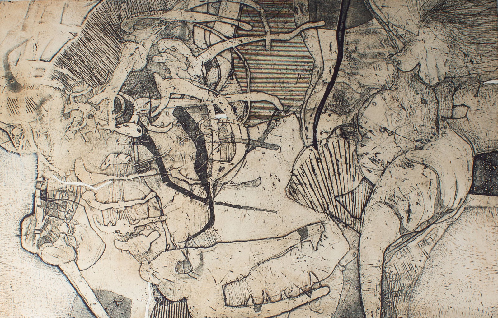 Walter Sorge "Metamorphic Forms" Abstract Etching: Abstract etching titled Metamorphic Forms by Walter Sorge (Canadian; 1931-2021). Signed, titled, and numbered 49/80 lower edge. Measurements: 34" W x 23.75" H (sheet); 27.5&