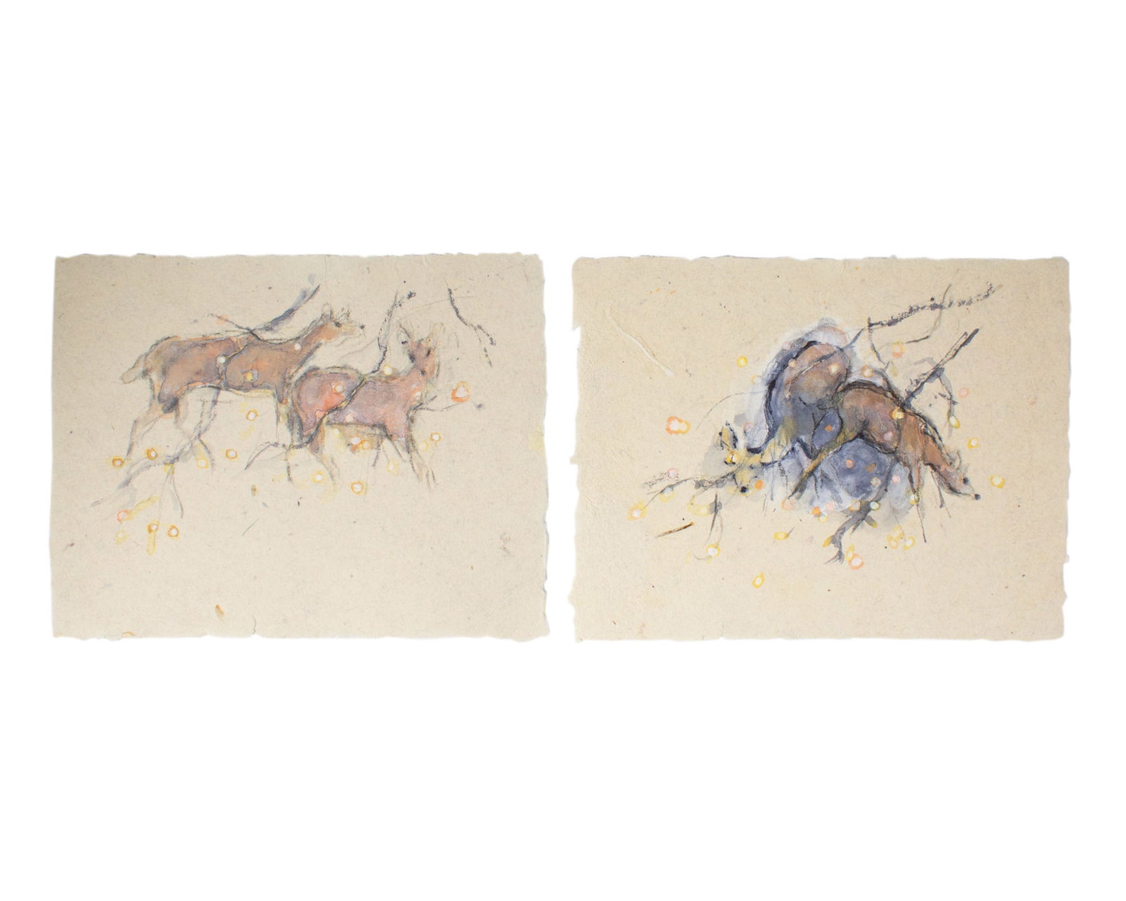 Walter Sorge Gouache and Watercolor Paintings of Deer: Two gouache and watercolor paintings of deer by Walter Sorge (Canadian; 1931-2021). Unsigned. Measurements: 11" W x 8.5" H (single sheet, both measure approximately the same). 