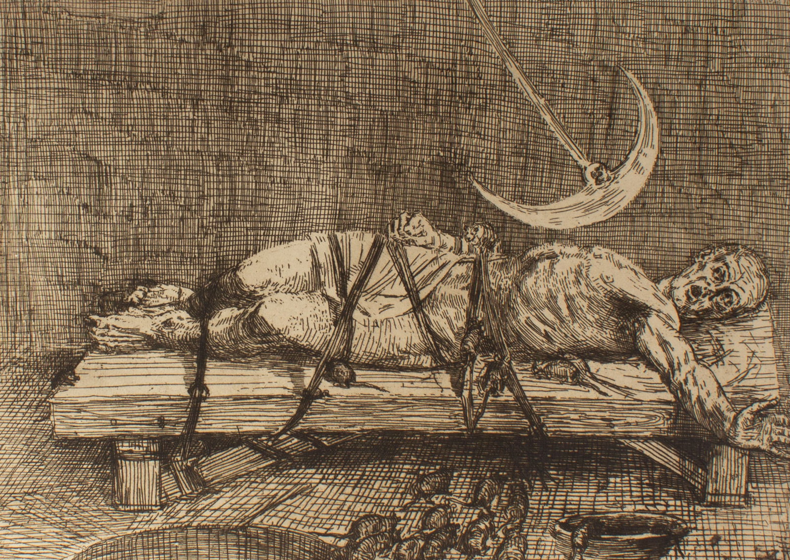 Alphonse Legros "The Pit and the Pendulum" Etching: Etching titled The Pit and the Pendulum by Alphonse Legros (French; 1837-1911). Measurements: 17.5" W x 13.25" H (sheet); 14.5" W x 10.5" H (plate). &nb