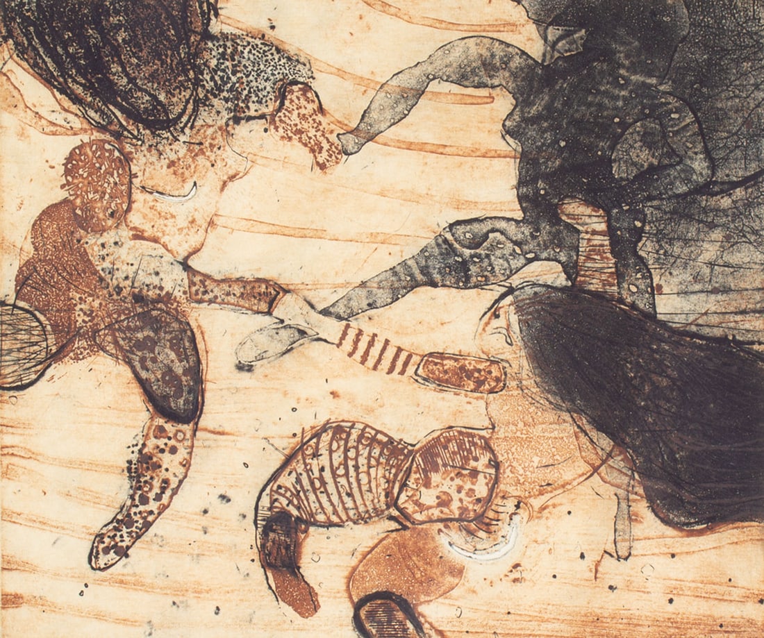 Walter Sorge "Dancing Figures" Limited Edition Aquatint: Limited edition aquatint print titled Dancing Figures by Walter Sorge (Canadian; 1931-2021). Signed, titled, and numbered 19/40 lower edge. Measurements: 16.5" W x 15.5" H x