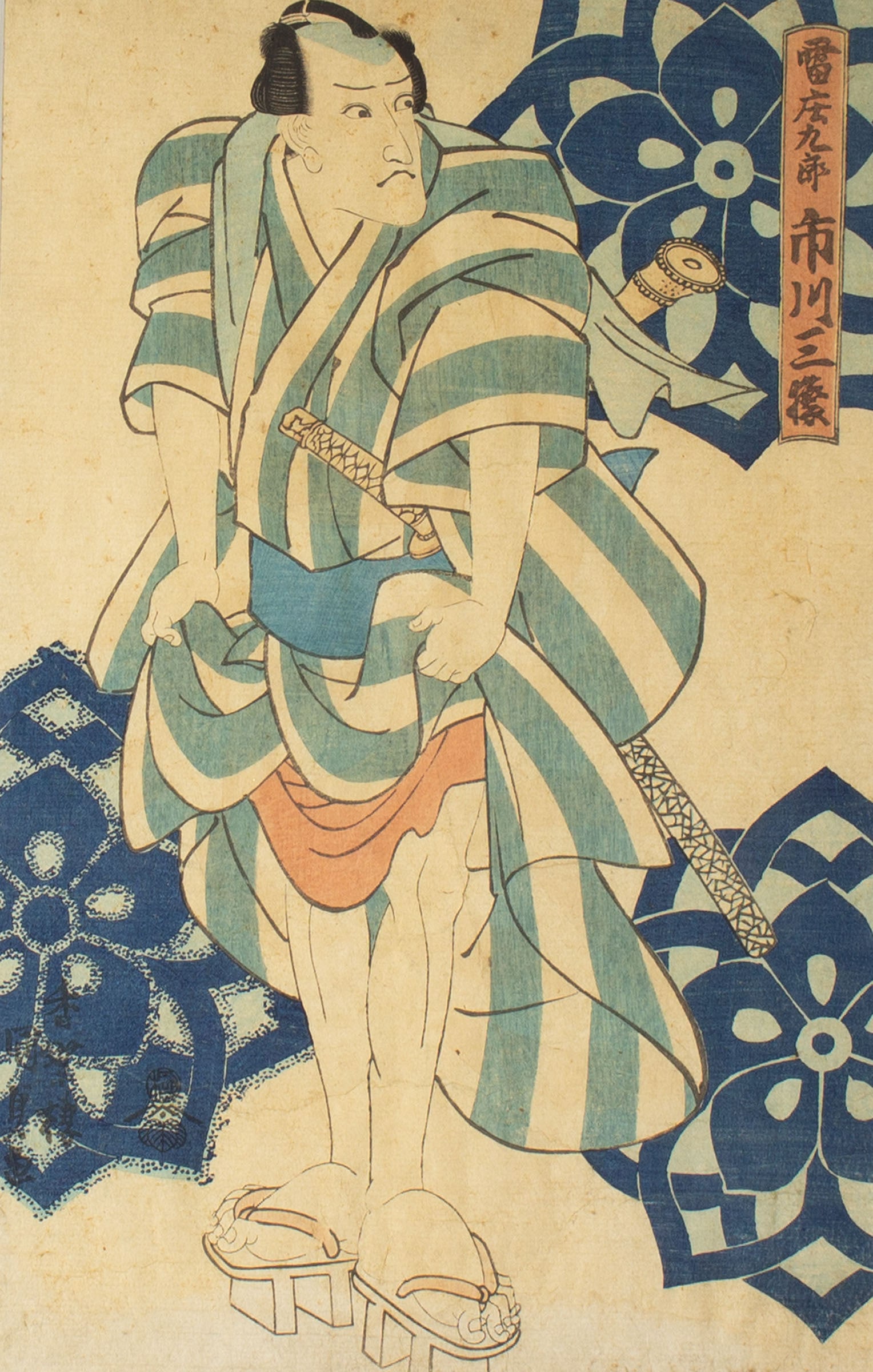 Japanese Ukiyo-e Woodblock Print of a Kabuki Actor: Antique Japanese ukiyo-e woodblock print of a Kabuki actor. Text upper right appears to read, "Rai Shokuro: Three Portraits of Ichikawa." Measurements: 14" W x 18" H x .75&q