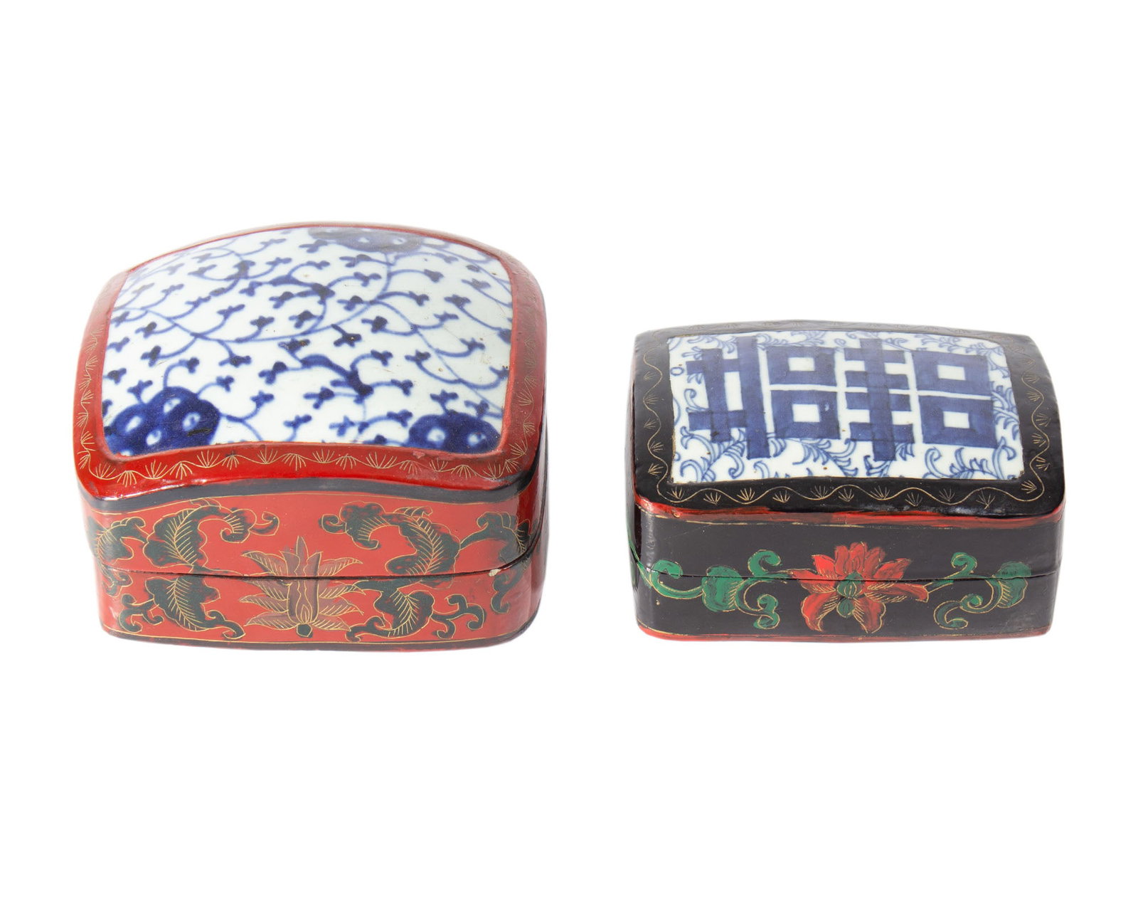 Chinese Lacquer and Porcelain Boxes: Two Chinese porcelain and lacquer boxes. Measurements: 5.25" W x 3" H x 4.5" D (larger box). In house shipping available.