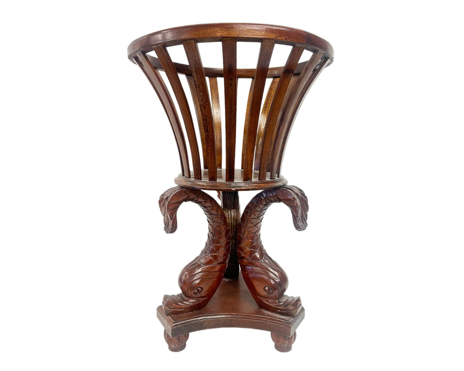 Carved Dolphin Wooden Plant Stand: Carved wooden plant stand with dolphins. Unmarked. Measurements: 19" W x 29" H 19" D. In house shipping available.