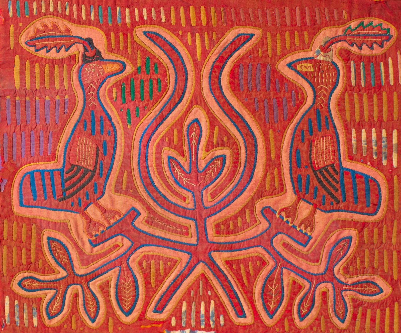 Kuna Mola Tapestry with Birds: Kuna mola tapestry with two birds. Measurements: 23.5" W x 22.5" H x 1.5" D (frame). In house shipping available. 