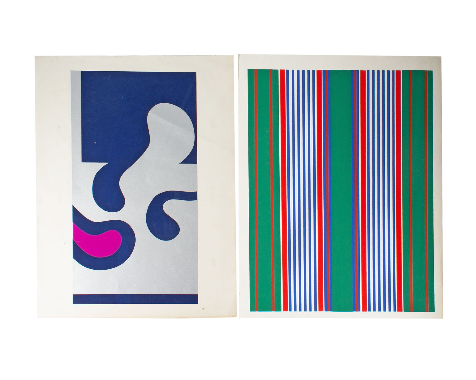 Walter Stomps Abstract Screen Prints: Two abstract screen prints by Walter Stomps, Jr. (American; 20th/21st century). Unsigned, both estate stamped verso. Measurements: 19.75" W x 26.25" H (larger sheet). In house