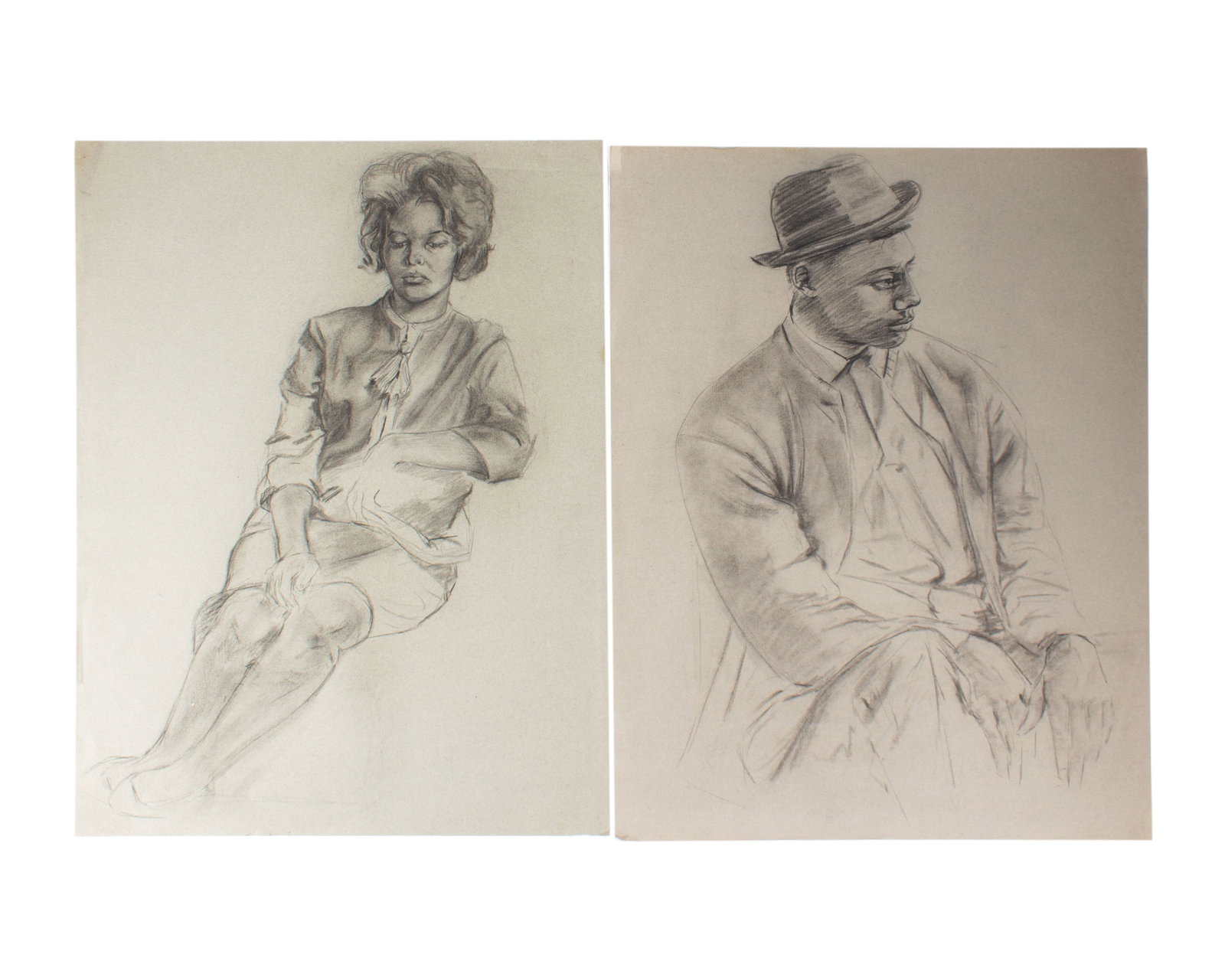 James L. Bruch Charcoal Portrait Drawings: Two charcoal portrait drawings by James L. Bruch (American; 1942-2023). Unsigned, both estate stamped verso. Measurements: 18.75" W x 25" H (single sheet, both measure the same). &nbs