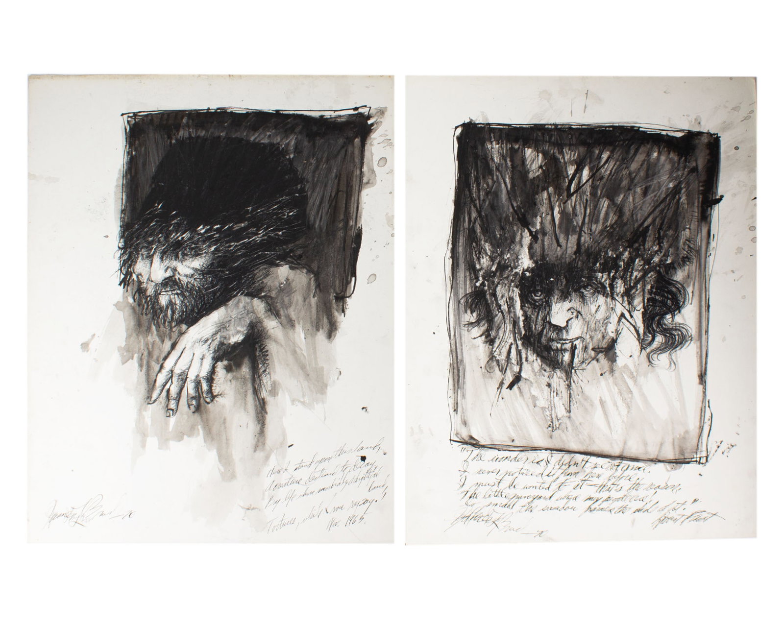 James L. Bruch 1970 Abstract Mixed Media Drawings: Two 1970 abstract mixed media portrait drawings with quotes by James L. Bruch (American; 1942-2023). Both signed and dated with one drawing having several dates from the 1960s as well. Measurem