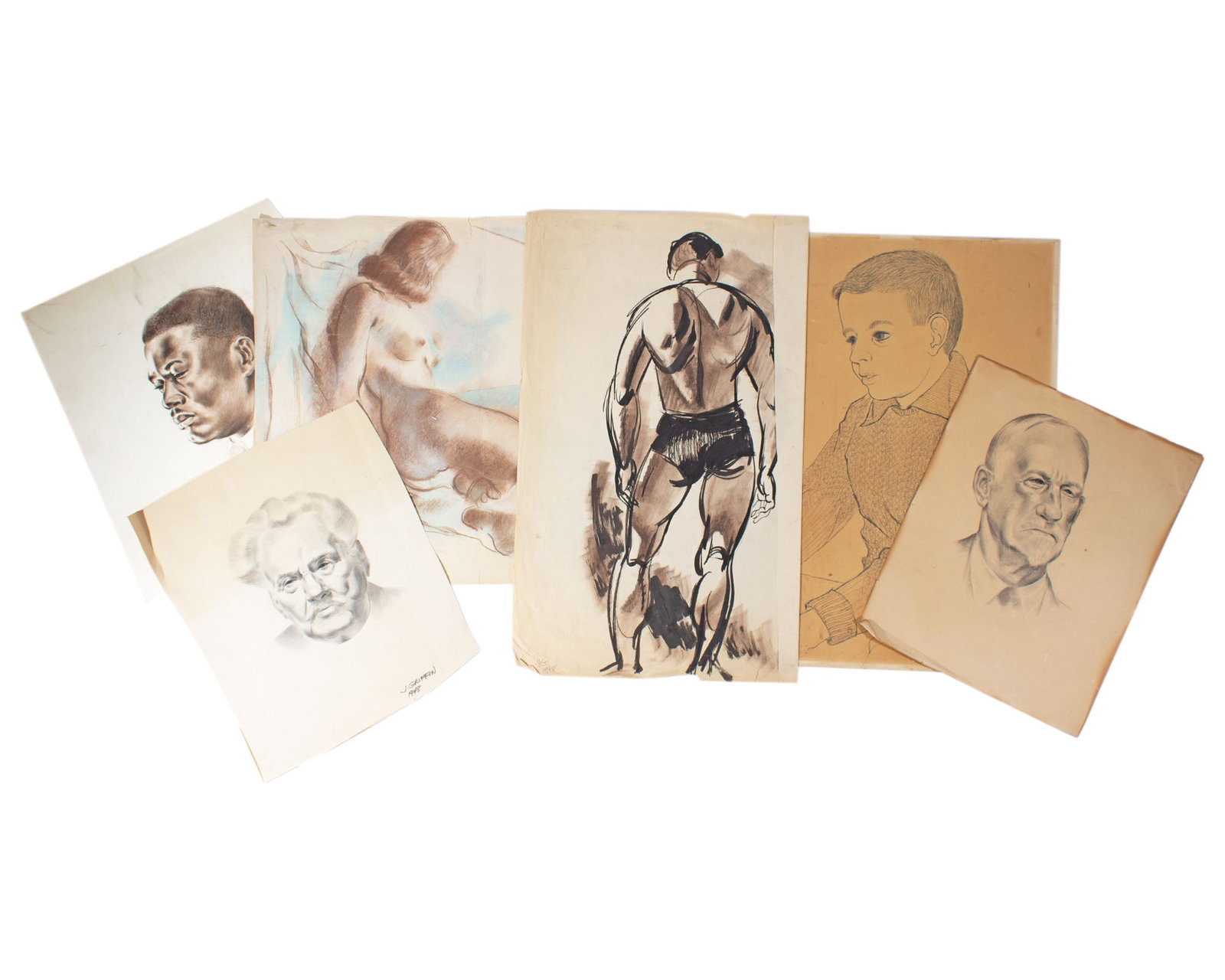 Jack Griffin 1940s Portraits and Figure Drawing Sketches: Group of six portrait drawings and figure sketches from the 1940s by Jack Griffin (American; 20th century). Some dated and signed/initialed. Measurements: 20.5" W x 17" H (large