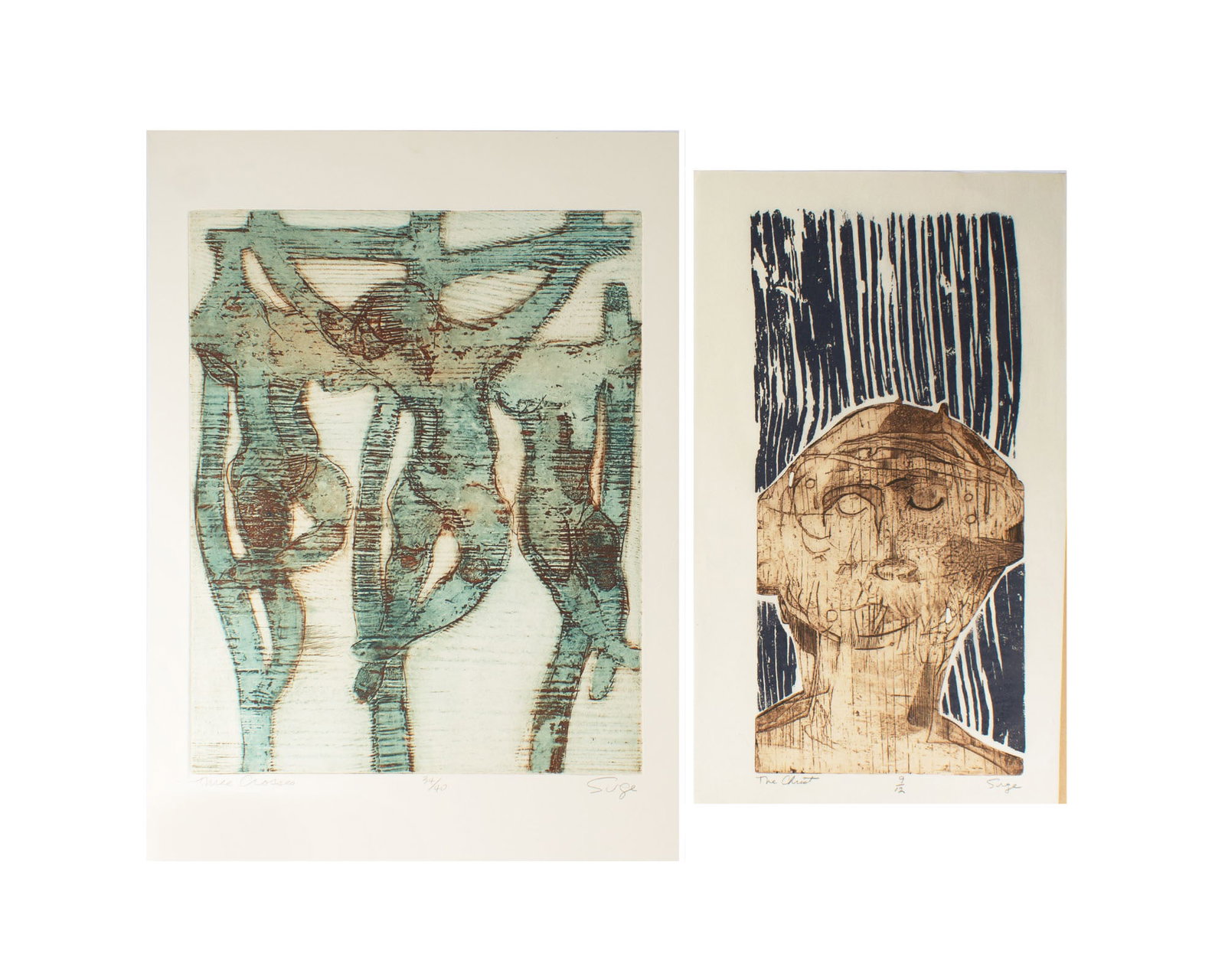 Walter Sorge Prints of Christ: Two prints of Christ by Walter Sorge (Canadian; 1931-2021). Included is an etching titled Three Crosses and a relief print titled The Christ. Both prints are signed, titled, and nu