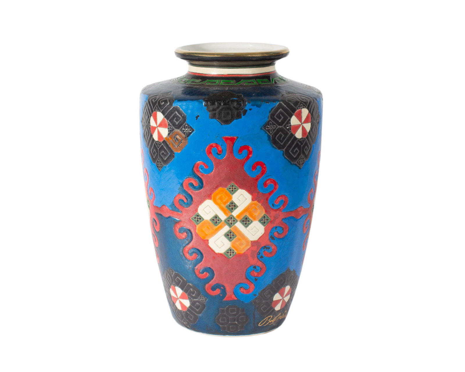 Bob Timberlake Japanese Inspired Porcelain Vase: Japanese style porcelain vase with hole at bottom to create a lamp produced by Bob Timberlake. Marked to the lower edge. Measurements: 8" W x 8" D x 12" H. In house