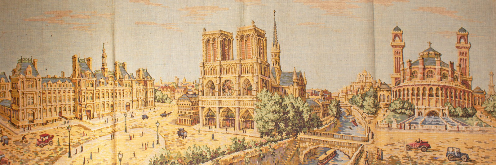 Tapestry of Paris, France: Vintage tapestry of Paris with image of Notre Dame at center. Unmarked. Measurements: 57" W x 20" H. In house shipping available.