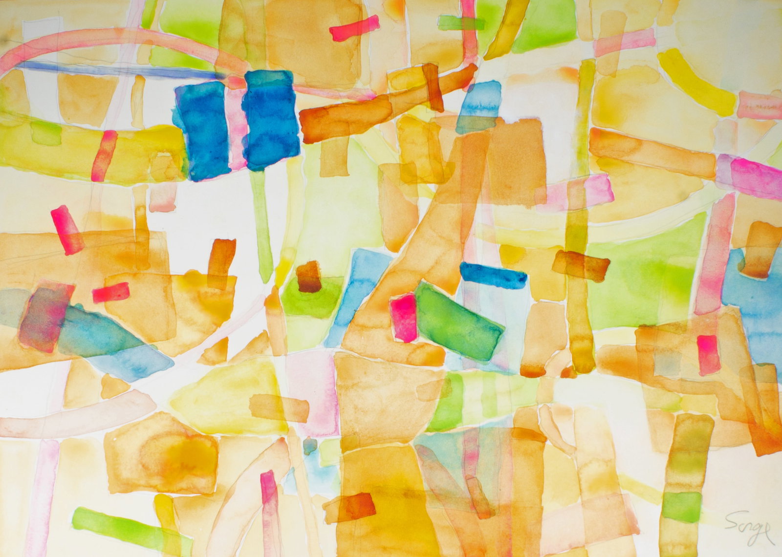 Walter Sorge Abstract Watercolor Painting: Abstract watercolor painting by Walter Sorge (Canadian; 1931-2021). Signed lower right. Measurements: 30 " W x 22.325" H (sheet); 27" W x 19.325" H (image). In