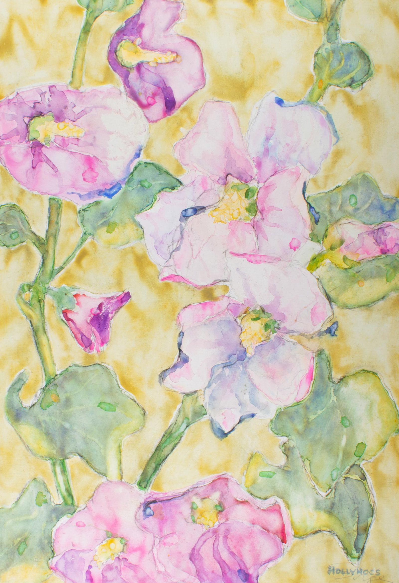 Walter Sorge "Hollyhocs" Watercolor Painting: Watercolor painting titled Hollyhocs by Walter Sorge (Canadian; 1931-2021). Signed and titled lower right. Measurements: 25.5" W x 37.75" H (sheet). In house
