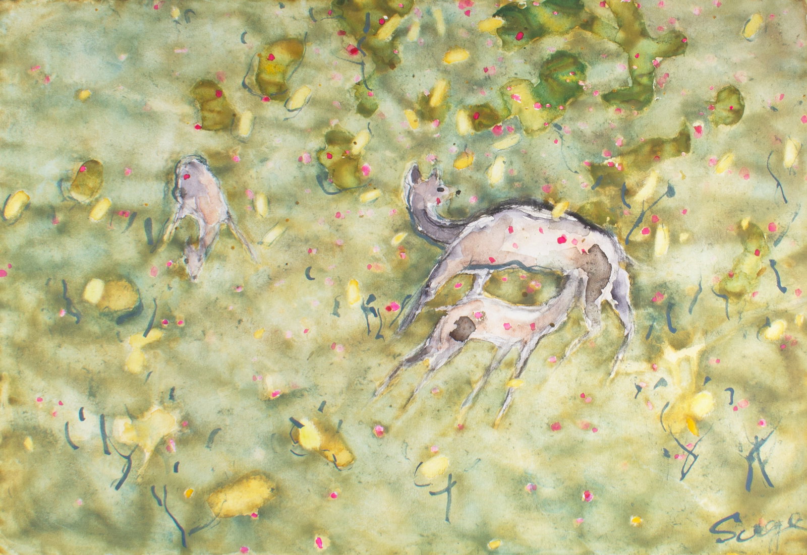 Walter Sorge Watercolor Landscape with Deer: Watercolor landscape painting with deer by Walter Sorge (Canadian; 1931-2021). Signed lower right. Measurements: 38" W x 25.5" H (sheet). In house shipping available. 