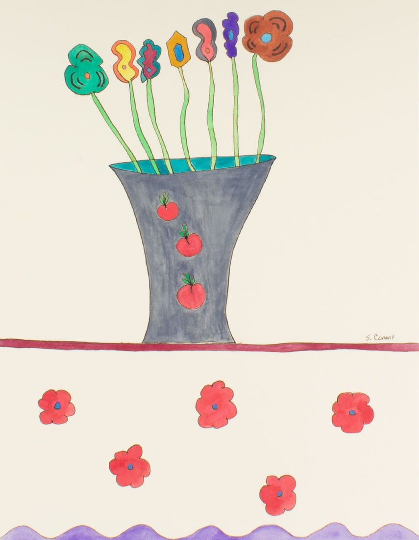 Steven Conant 1991 "Fictitious Flowers #2" Gouache on Board Painting: 1991 gouache on board still life painting, titled Fictitious Flowers #2, by Steven Conant (American; 20th/21st century). Signed to lower right and dated and titled to the verso. Measurements: 14&
