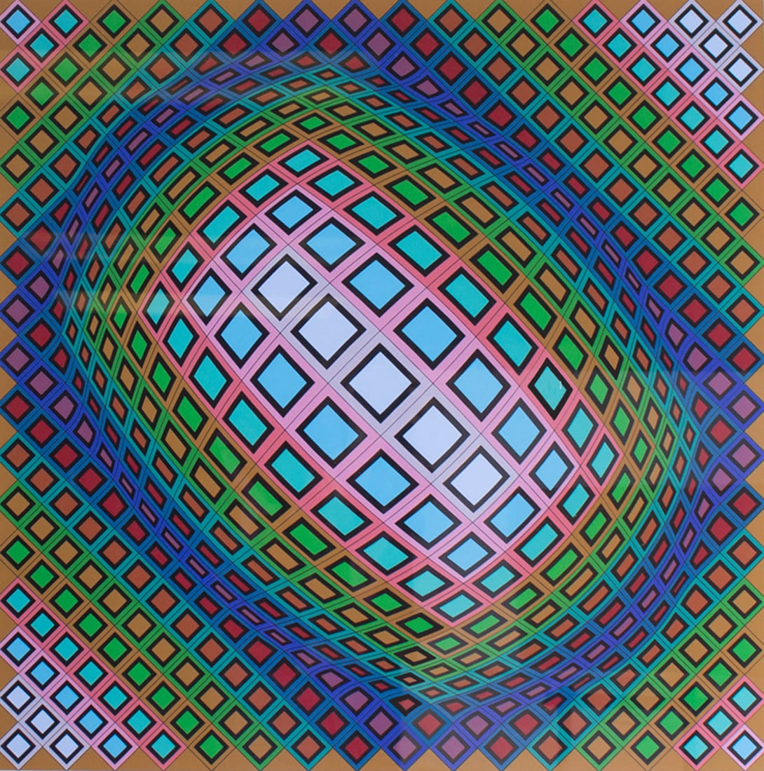 Victor Vasarely 1980 “Ferde" Op Art Screen Print: 1980 Op Art screen print by Victor Vasarely (Hungarian-French; 1906-1997). Titled Ferde. Signed, numbered 15/250 lower edge. Measurements: 35.5” W x 36” H x 1.25” D (frame); 25.25&rd