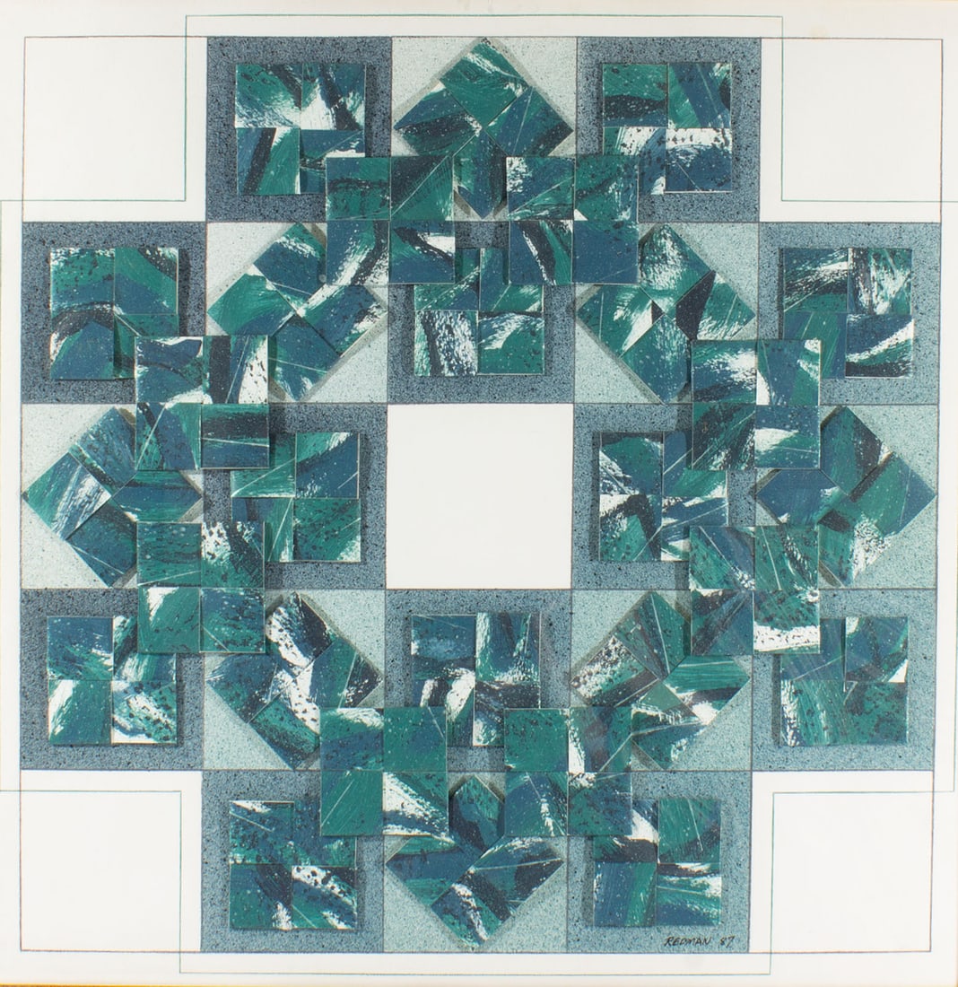 Steve Redman 1987 Painting and Folded Paper Collage: 1987 painting and folded paper collage by Steve Redman (American; born 1944). Signed and dated lower right. Measurements: 29" W x 29" H x 1" (frame). In house shipping