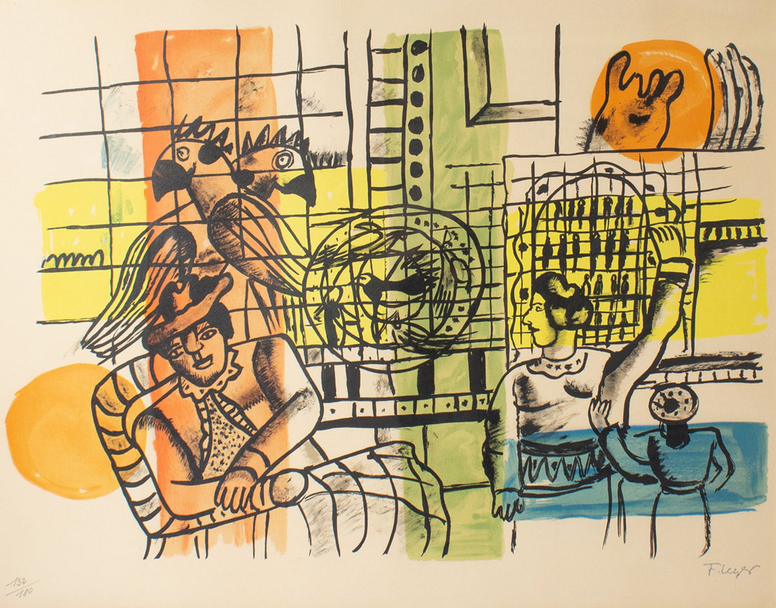 Fernand Leger 1959 “La Marchande d'Oiseaux" Lithograph: 1959 lithograph by Fernand Léger (French; 1881-1955). Titled La Marchande d'Oiseaux (The Bird Merchant). The print is plate 12 in a series by Léger titled La Ville (The City), which was printed by T
