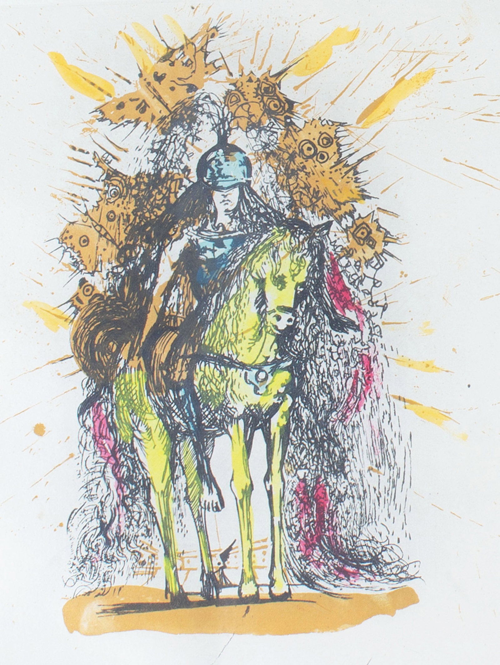 Salvador Dali 1971 "Knight with Helmet and Butterflies" Etching: 1971 etching with aquatint titled Cavalier casqué aux papillons (Knight with Helmet and Butterflies) by Salvador Dali (Spanish; 1904-1989). From Calderón: La Vie est un