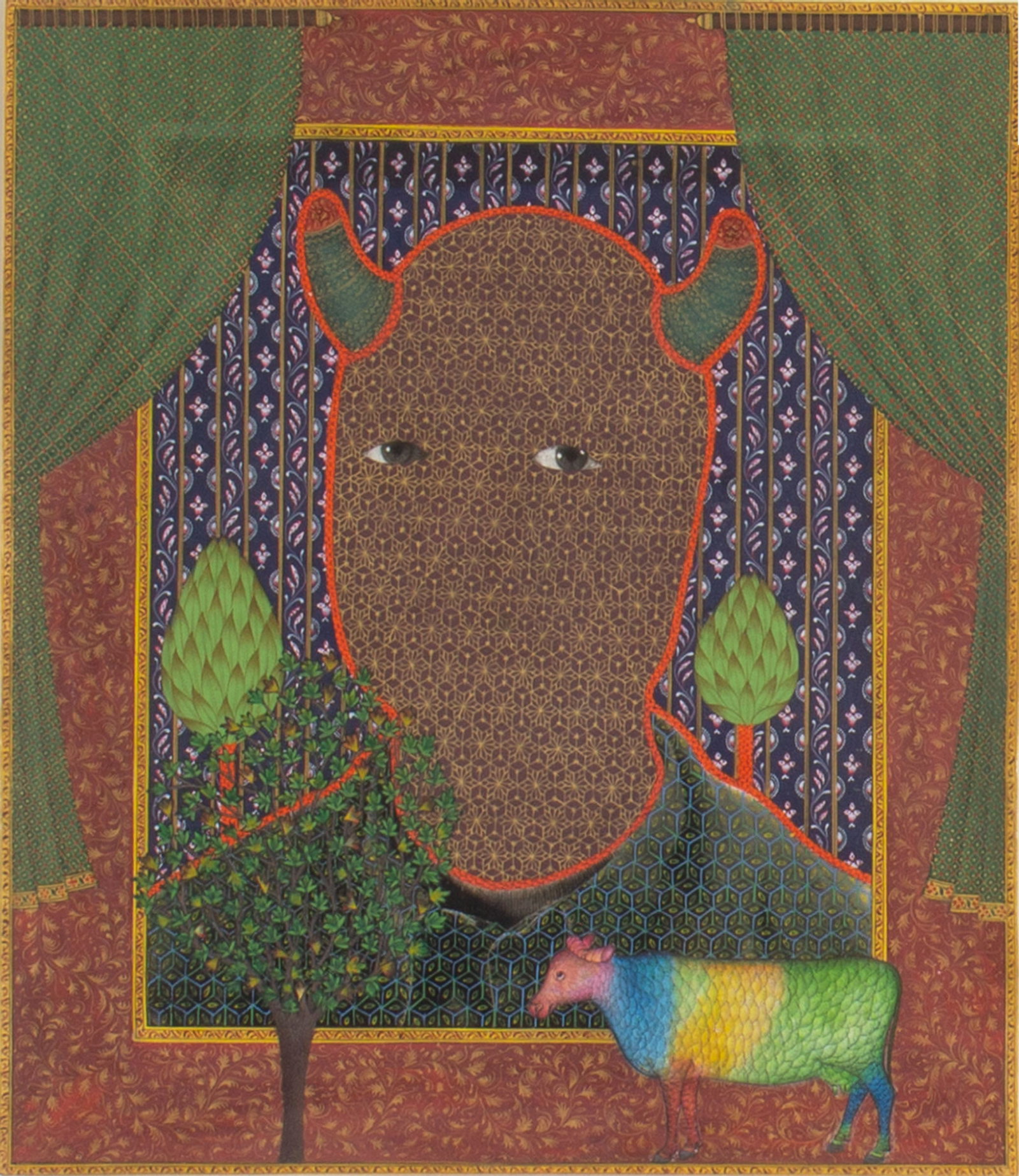 Alexander Gorlizki 2009 "Royeye" Pigment and Gold on Bookprint: 2009 pigment and gold on bookprint painting titled Royeye by Alexander Gorlizski (British; born 1967). Gallery tag verso. Measurements: 15" W x 16" H x 1" D (frame
