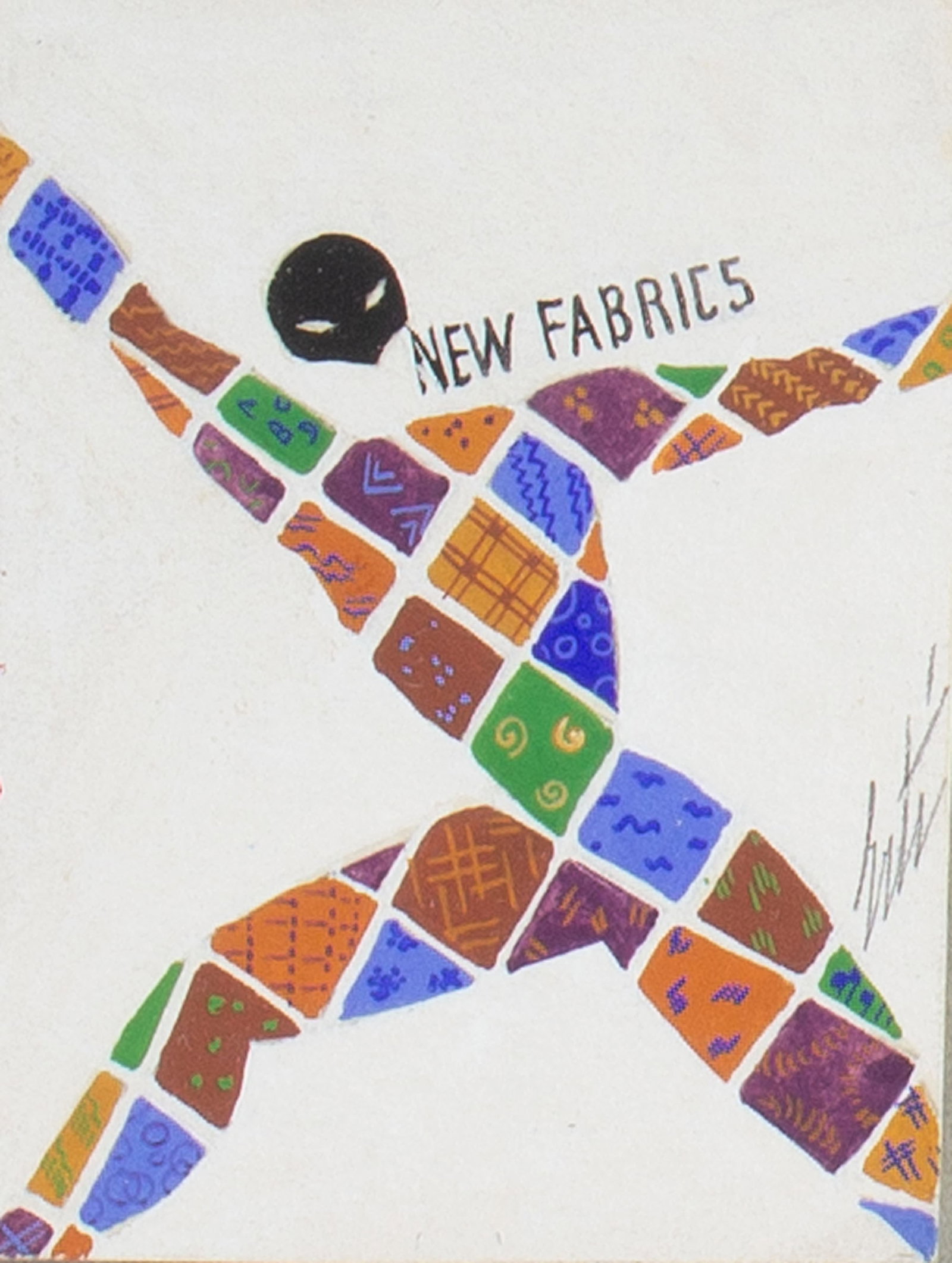 Erte Signed "New Fabrics" Gouache Painting: Gouache painting on paper of a figure with the words "New Fabrics" above it by Romain de Tirtoff, known as Erte (Russian; 1892-1990). Signed in pencil on right edge. Certificate of