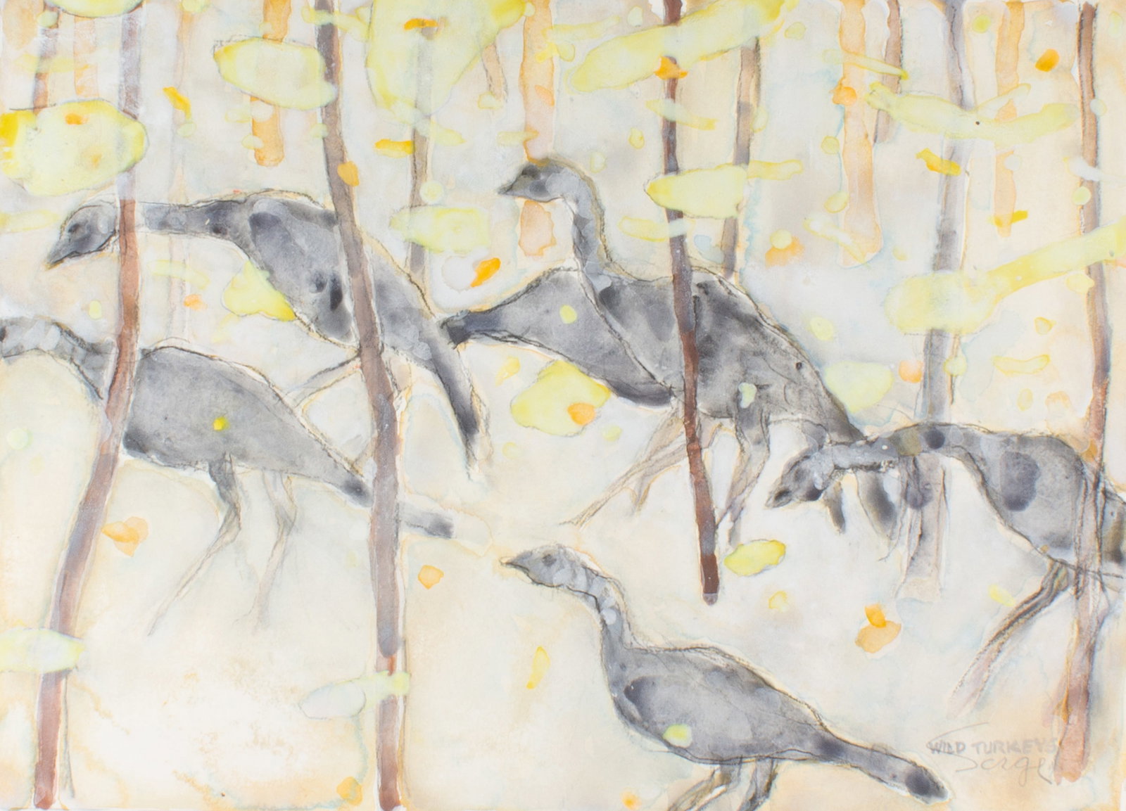Walter Sorge "Wild Turkeys" Watercolor Painting: Watercolor painting titled Wild Turkeys by Walter Sorge (Canadian; 1931-2021). Signed and titled lower right. Measurements: 28.5" W x 21" H (sheet). In house shipping