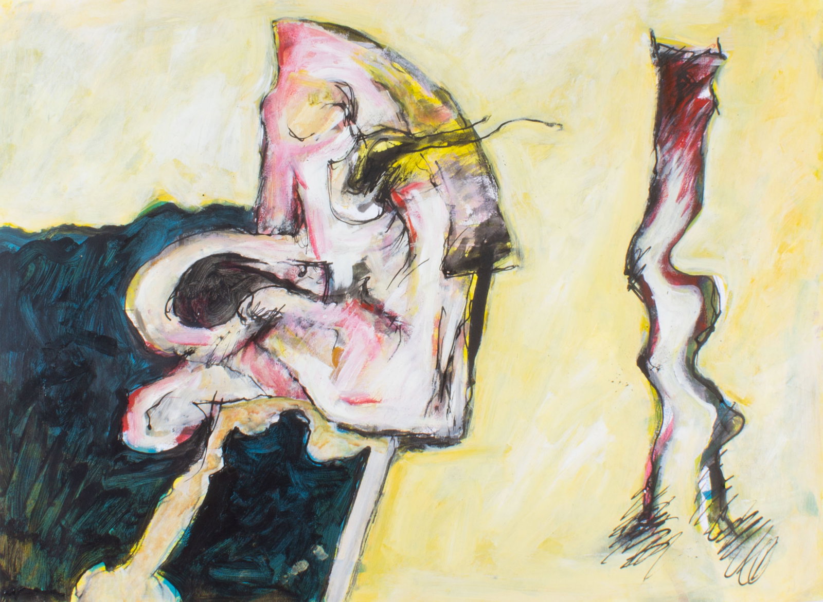 James L. Bruch Abstract Mixed Media Painting on Paper: Abstract mixed media painting on paper by James L. Bruch (American; 1942-2023). Unsigned, estate stamped verso. From the artist's estate. Measurements: 24" W x 18" H. In ho
