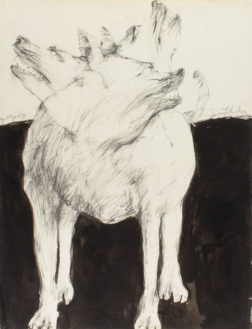 James L. Bruch 1972 "Dog Biting at Fly" Mixed Media Drawing (1 of 5)