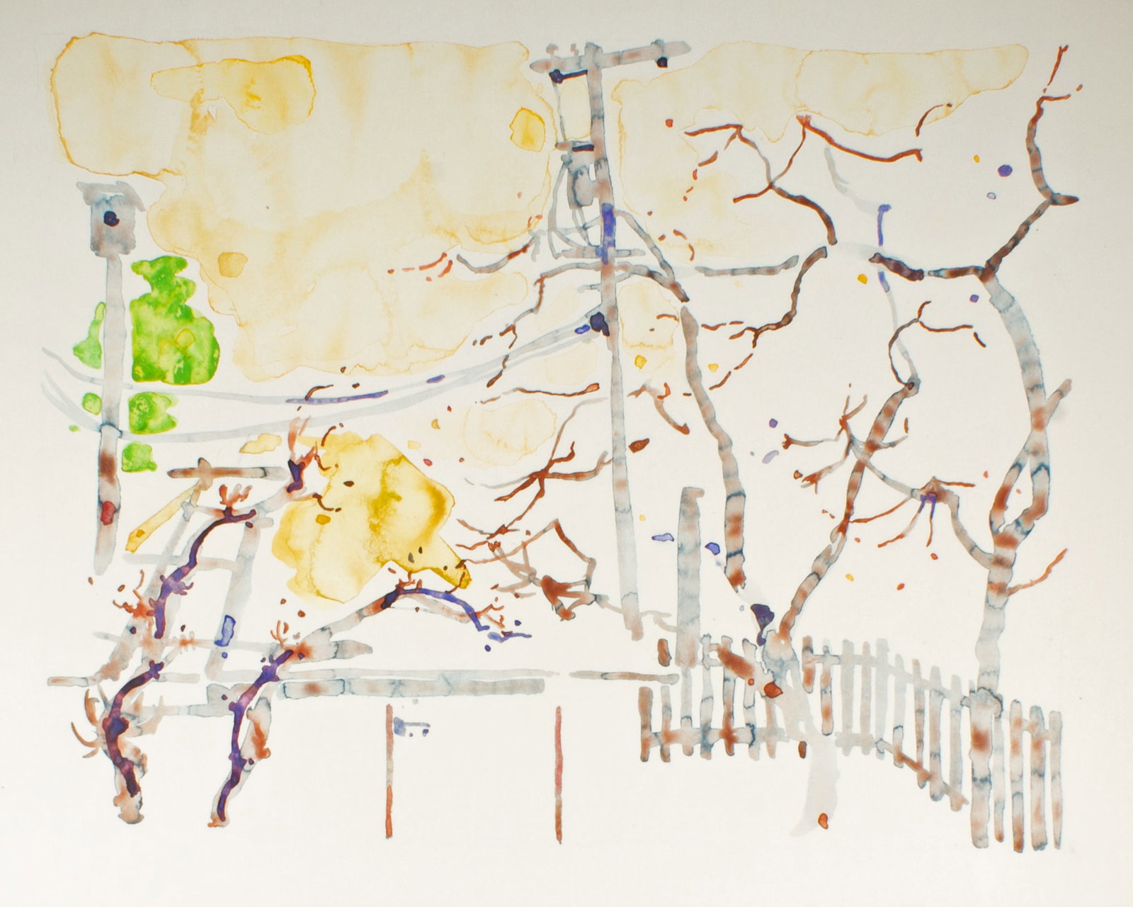 Walter Sorge Watercolor Painting of Electrical Lines: Watercolor painting of electrical wires by Walter Sorge (Canadian; 1931-2021). Unsigned, from the estate of the artist. Measurements: 23.75" W x 18.25" H (sheet); 20" W x