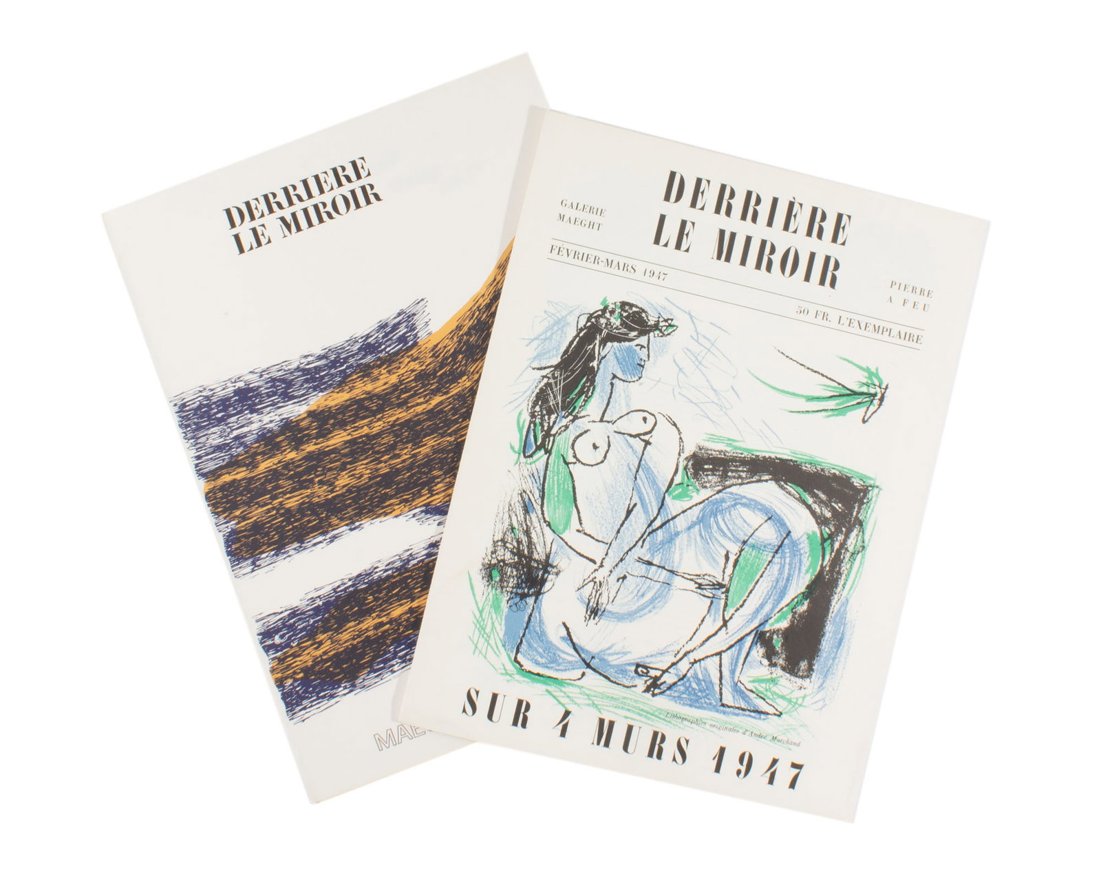"Derriere le Miroir" 2 Issues, Marchand, Maeght Editeur: 2 issues of the French art publication Derriere le Miroir, published by Aimé Maeght featuring lithographs and prints by Marchand, Tal Coat, Miro, Calder, Tapies, Chillida,