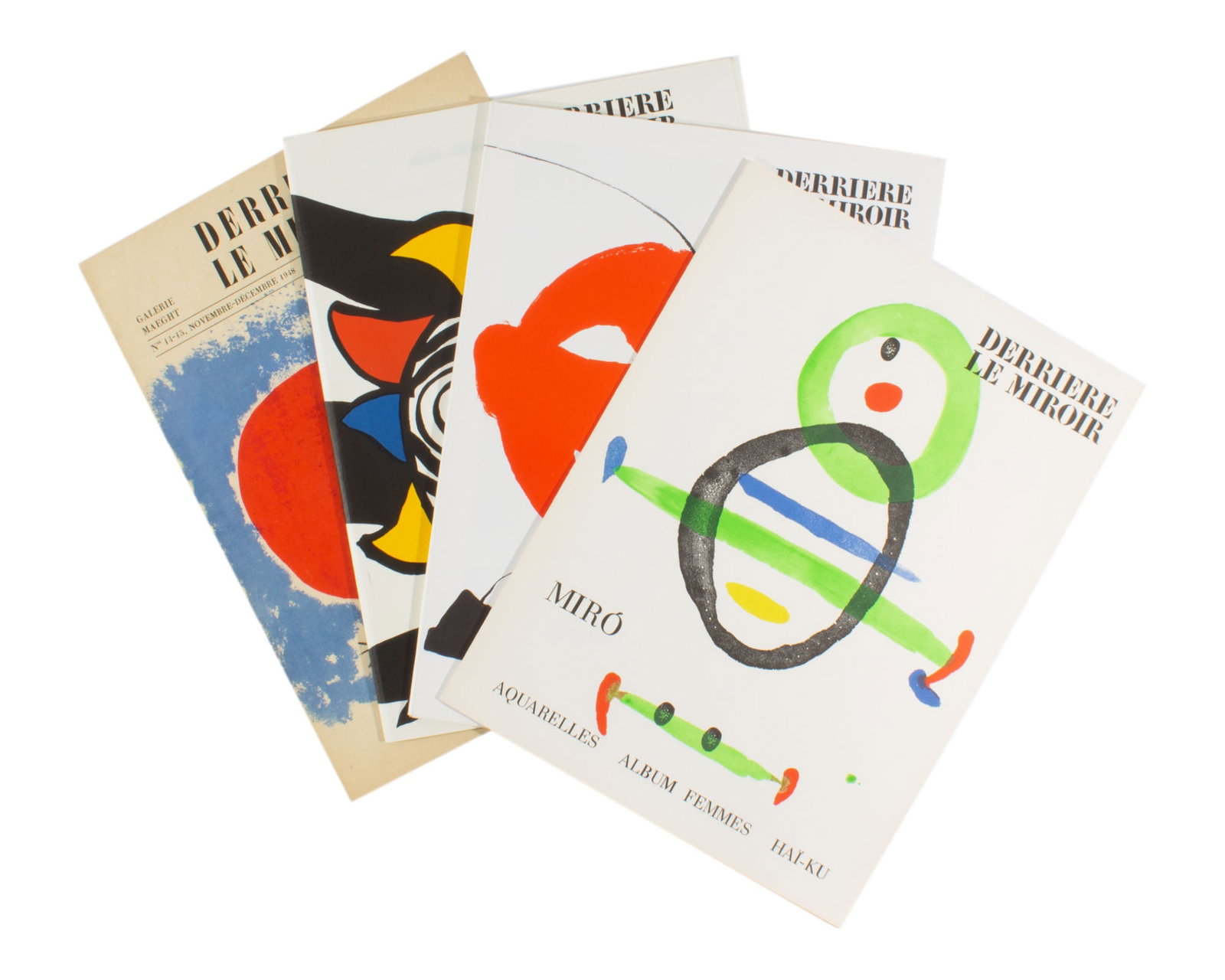 "Derriere le Miroir" 4 Issues, Joan Miro & Alexander Calder: 4 issues of the French art publication Derriere le Miroir, published by Aimé Maeght featuring lithographs by Joan Miro (Spanish; 1893-1983) and Alexander Calder (American; 1898-1976).