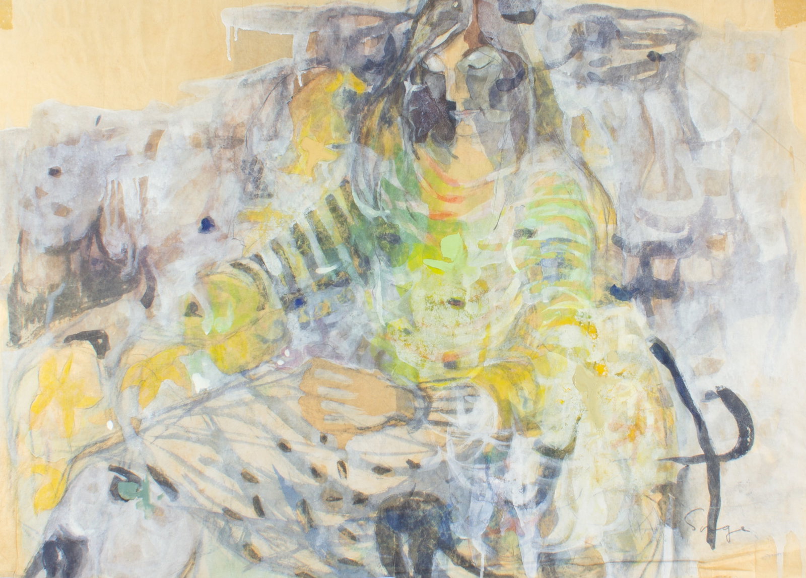 Walter Sorge Mixed Media Portrait Painting: Mixed media on paper portrait painting by Walter Sorge (Canadian; 1931-2021). Signed lower right. Measurements: 37.5" W x 24" H. In house shipping available. From Sheafe