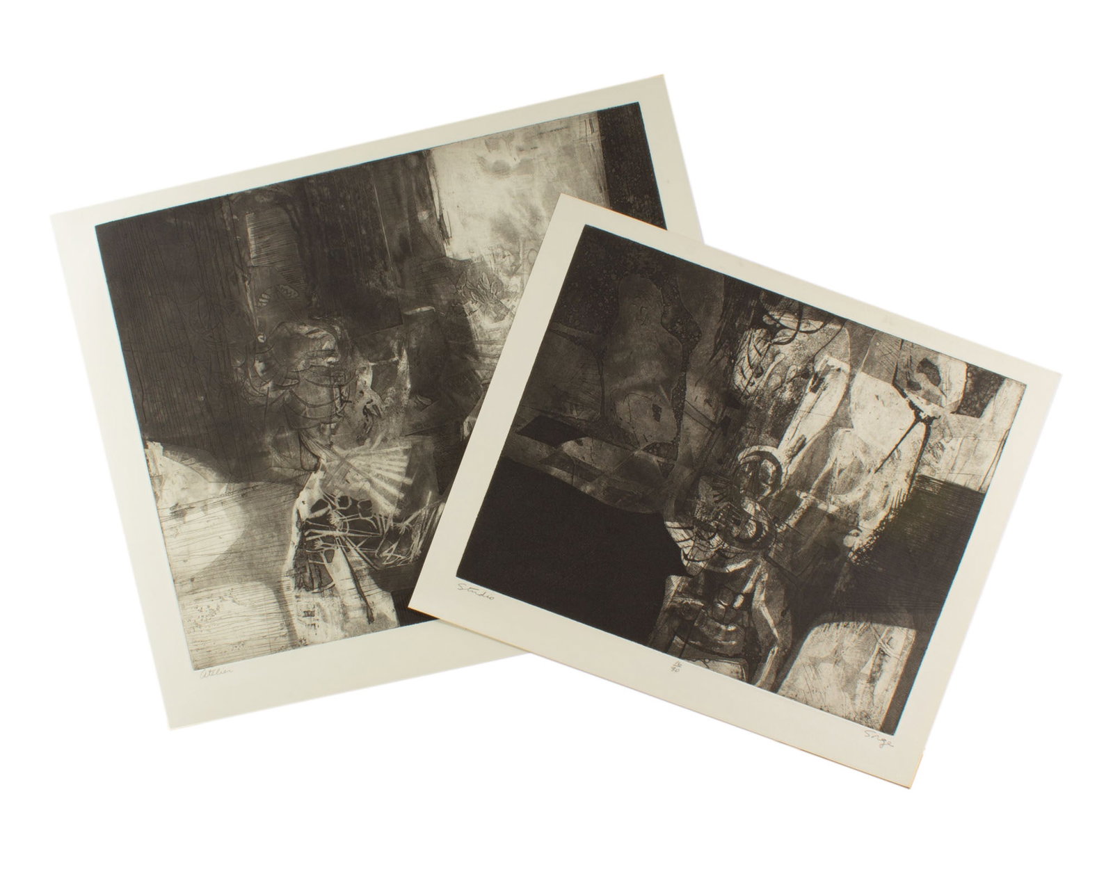 Walter Sorge Abstract Aquatints: Two abstract aquatint prints titled Atelier and Studio by Walter Sorge (Canadian; 1931-2021). Both prints are signed, titled, and numbered to lower edge. Measurements: 26.25"