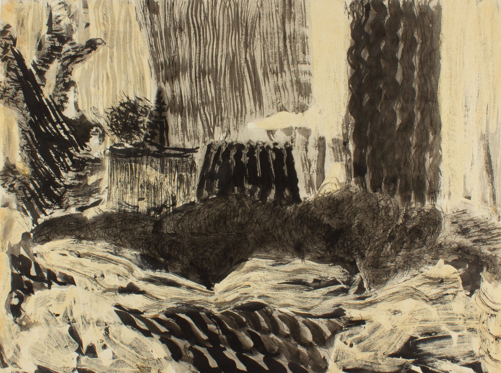 James L. Bruch Abstract Landscape Mixed Media Painting: Abstract landscape mixed media painting on paper by James L. Bruch (American; 1942-2023). Unsigned, estate stamped verso. From the artist's estate. Measurements: 24" W x 18" H. &n