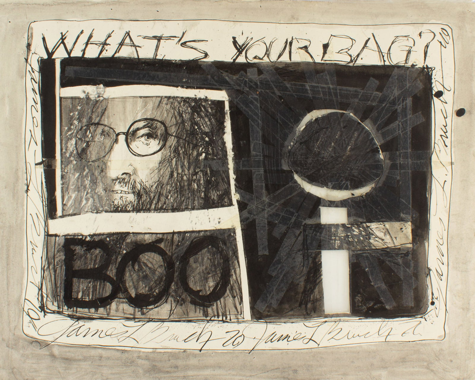 James L. Bruch Mixed Media Drawing and Collage: Abstract mixed media drawing and collage by James L. Bruch (American; 1942-2023). Signed to lower edge. Measurements: 26" W x 20" H. In house shipping available. Fr