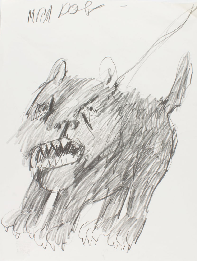 James L. Bruch "Mad Dog" Graphite Drawing: Graphite drawing titled Mad Dog by James L. Bruch (American; 1942-2023). Unsigned, estate stamped verso. From the artist's estate. Measurements: 19" W x 23.75" H. 