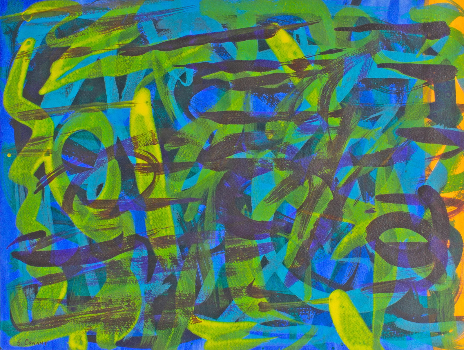 Steven Conant 1992 Abstract Acrylic on Paper Painting: 1991 abstract acrylic on paper painting by Steven Conant (American; 20th/21st century). Signed to lower left and dated to the verso. Measurements: 15" W x 10" H. In house shipping 
