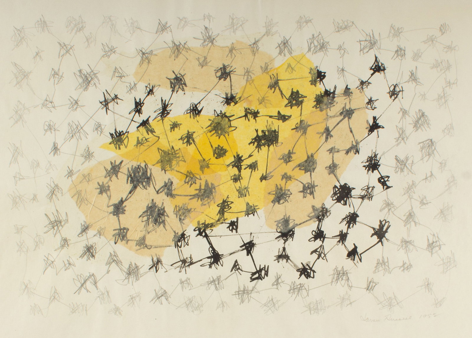 James Spencer Russell 1955 Mixed Media Drawing with Collage: 1955 mixed media drawing with collage by Indiana artist James Spencer Russell (American; 1915-2000). Signed land dated lower right. Measurements: 24" W x 18" H (paper), 12" 