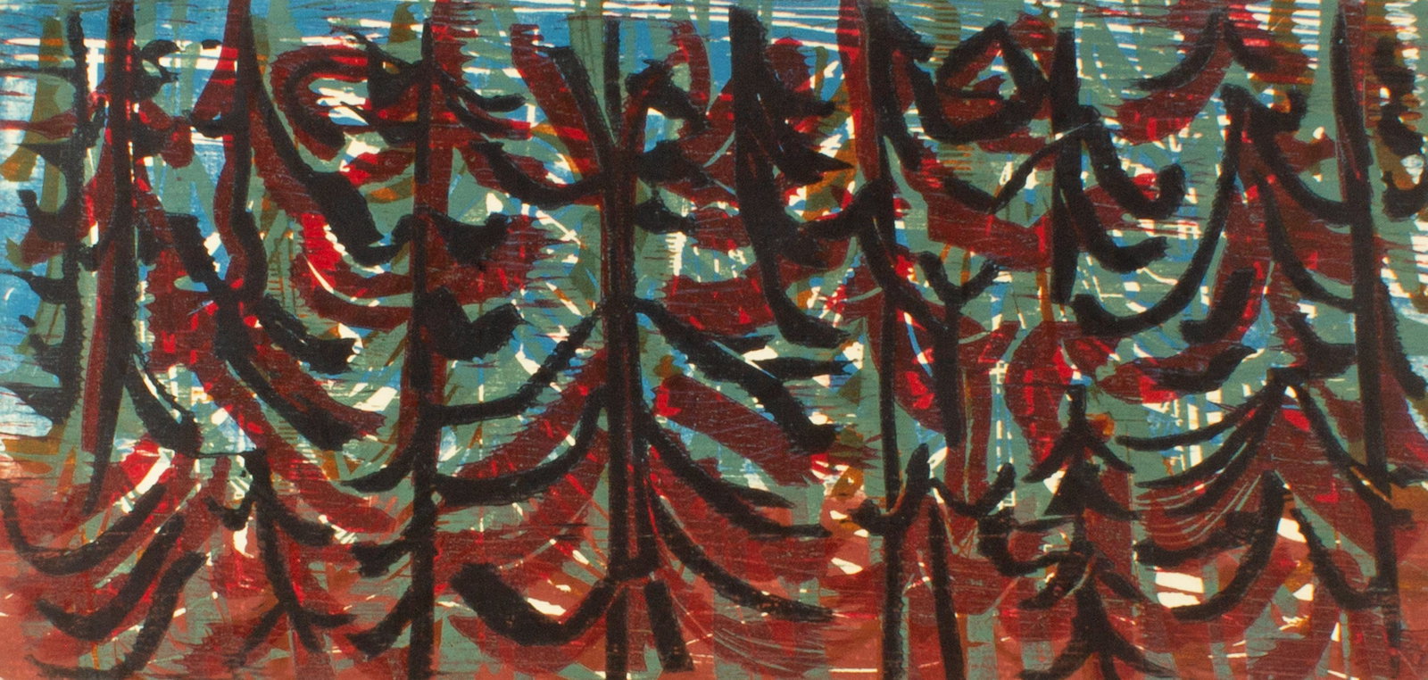 Rudy O. Pozzatti 1952 "Pines" Woodblock Print: 1952 woodblock print titled Pines by Rudy O. Pozzatti (American; 1925-2021). Signed, dated, titled, numbered 3/10 lower edge. Measurements: 19.75" W x 11.25" H (sheet);