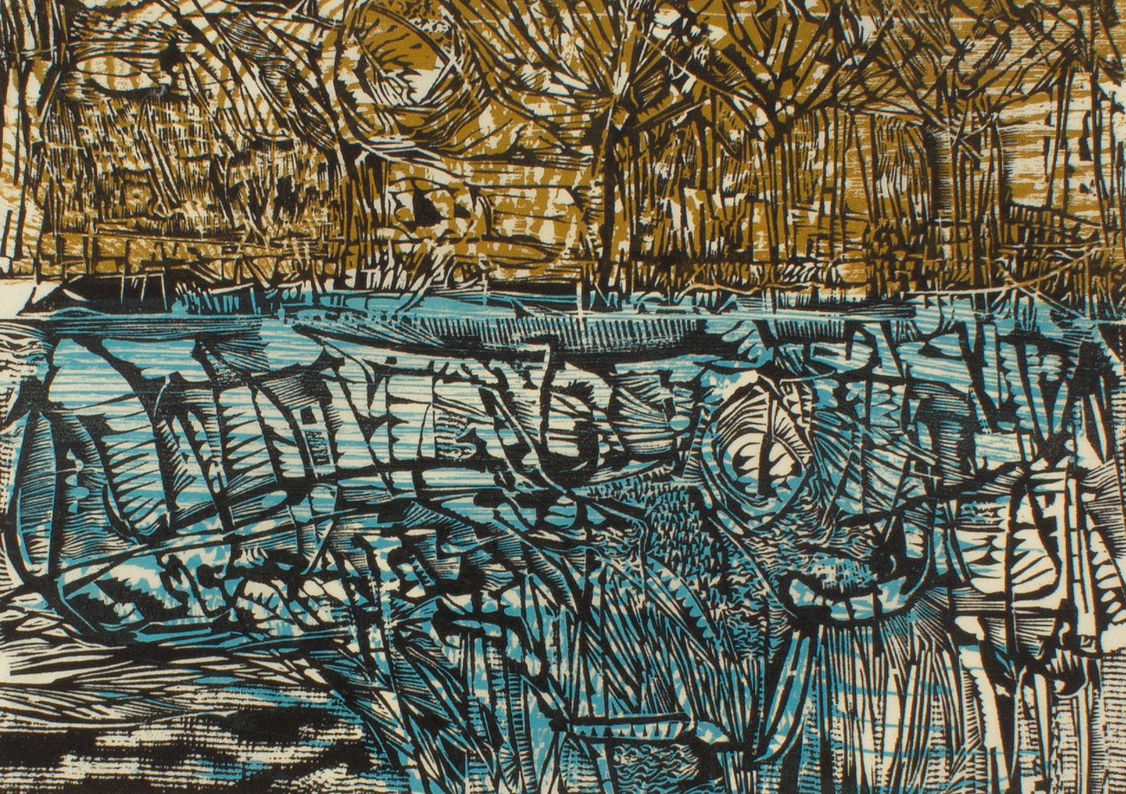 Rudy O. Pozzatti 1958 "Water's Edge" Woodblock Print: 1958 woodblock print titled Water's Edge by Rudy O. Pozzatti (American; 1935-2021). Signed, titled, dated, and numbered 15/15 lower edge. Measurements: 19.25" W x 16" H
