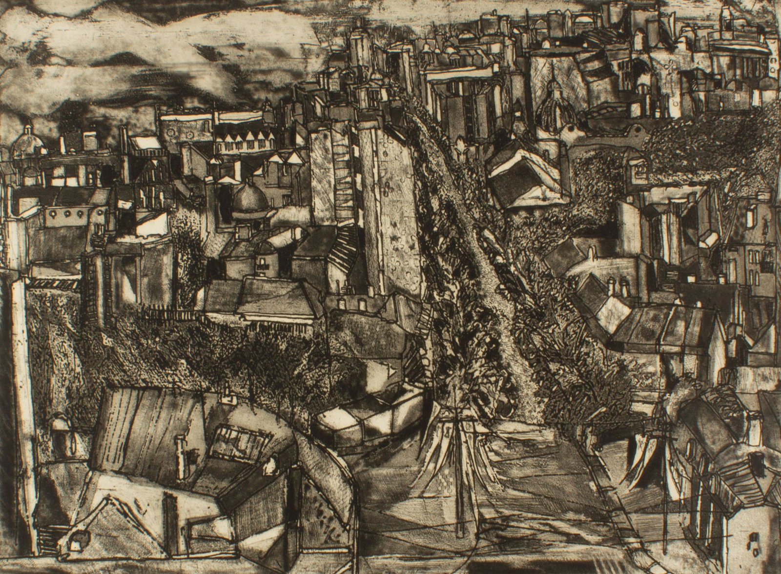 Rudy O. Pozzatti 1966 "Belgrade I" Etching: 1966 etching titled Belgrade I by Rudy O. Pozzatti (American; 1935-2021). Signed, dated, titled, and numbered 26/35 to lower edge. Measurements: 27.75" W x 20.75" H