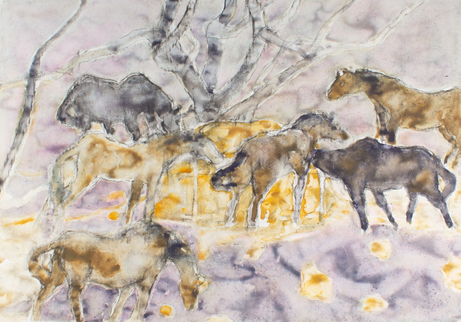Walter Sorge Watercolor Painting of Horses: Watercolor painting of horses by Walter Sorge (Canadian; 1931-2021). Unsigned, from the artist's estate. Measurements: 38" W x 25" H (sheet). In house shipping available.