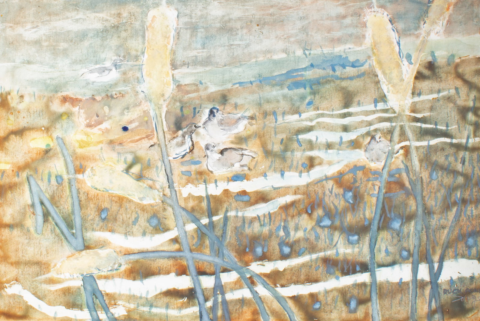 Walter Sorge "Duck Pond" Watercolor Painting: Watercolor painting titled Duck Pond by Walter Sorge (Canadian; 1931-2021). Signed and titled lower right. Measurements: 38" W x 25.5" H (sheet); 34.25" W x