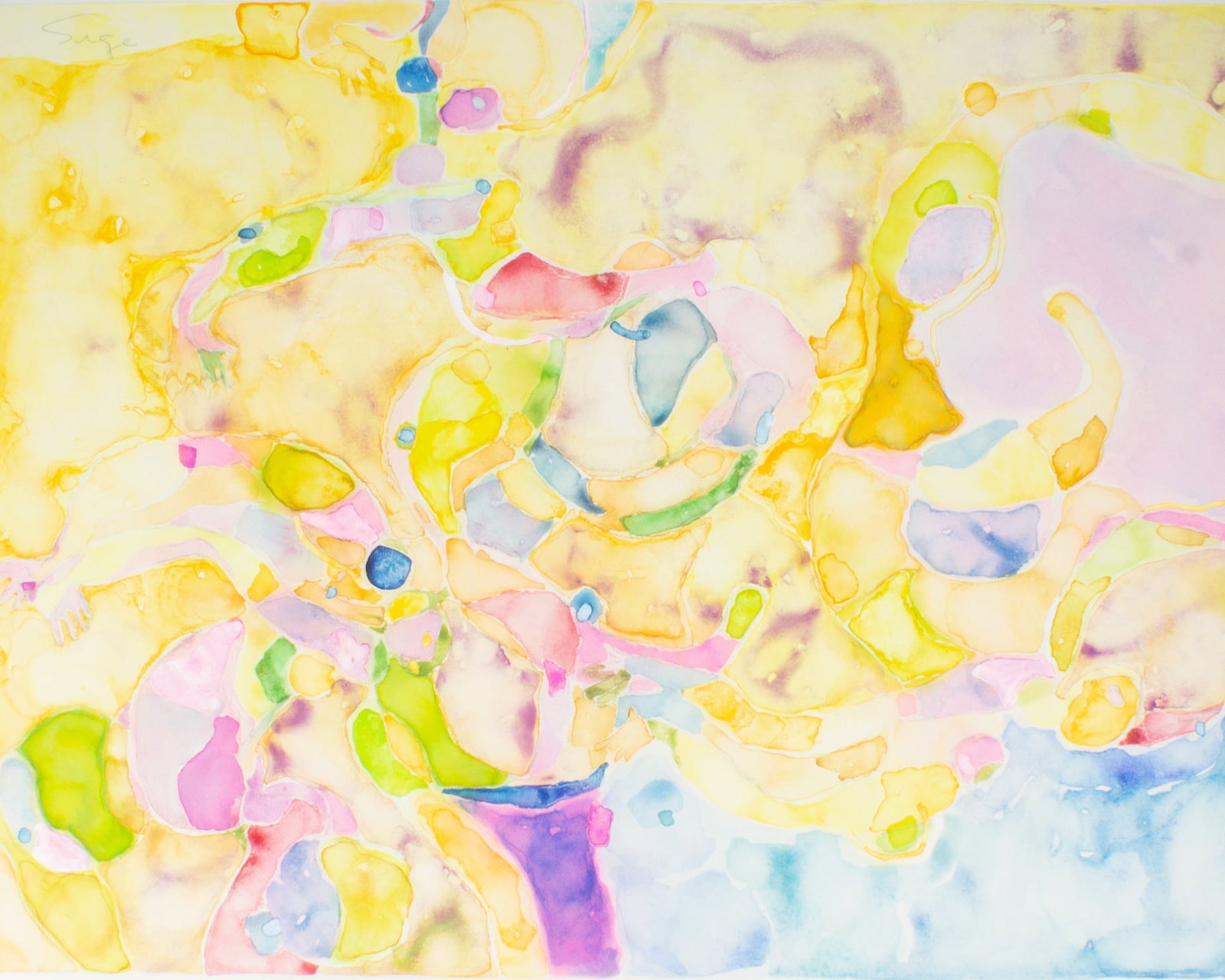 Walter Sorge Abstract Watercolor Painting: Abstract watercolor painting by Walter Sorge (Canadian; 1931-2021). Signed upper left. Measurements: 31" W x 21.75" H (sheet); 23.5" W x 18" H (image). In house