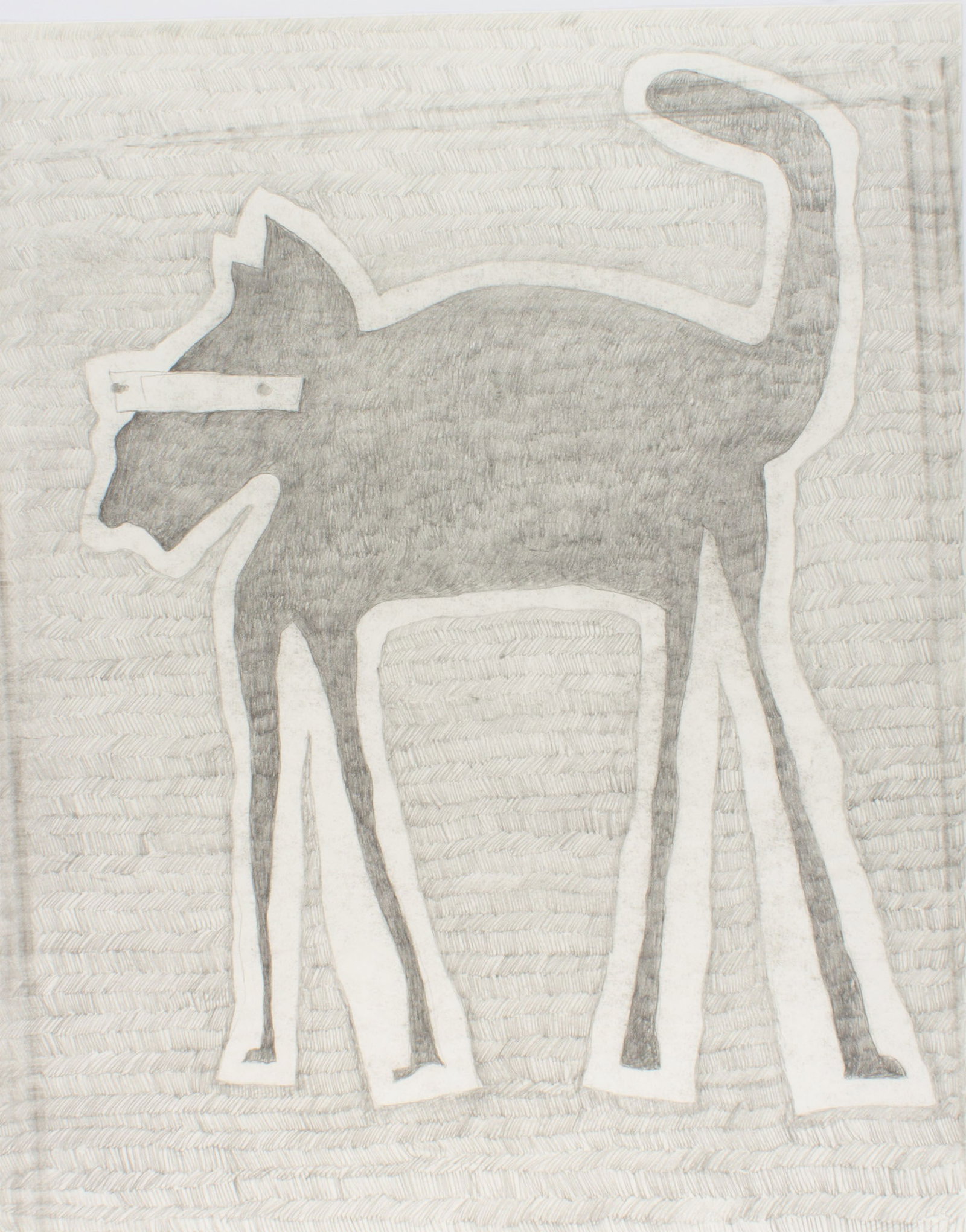 James L. Bruch Graphite Drawing of a Cat: Graphite drawing on paper of an abstract cat by James L. Bruch (American; 1942-2023). Unsigned, estate stamped verso. From the artist's estate. Measurements: 23" W x 29" H.