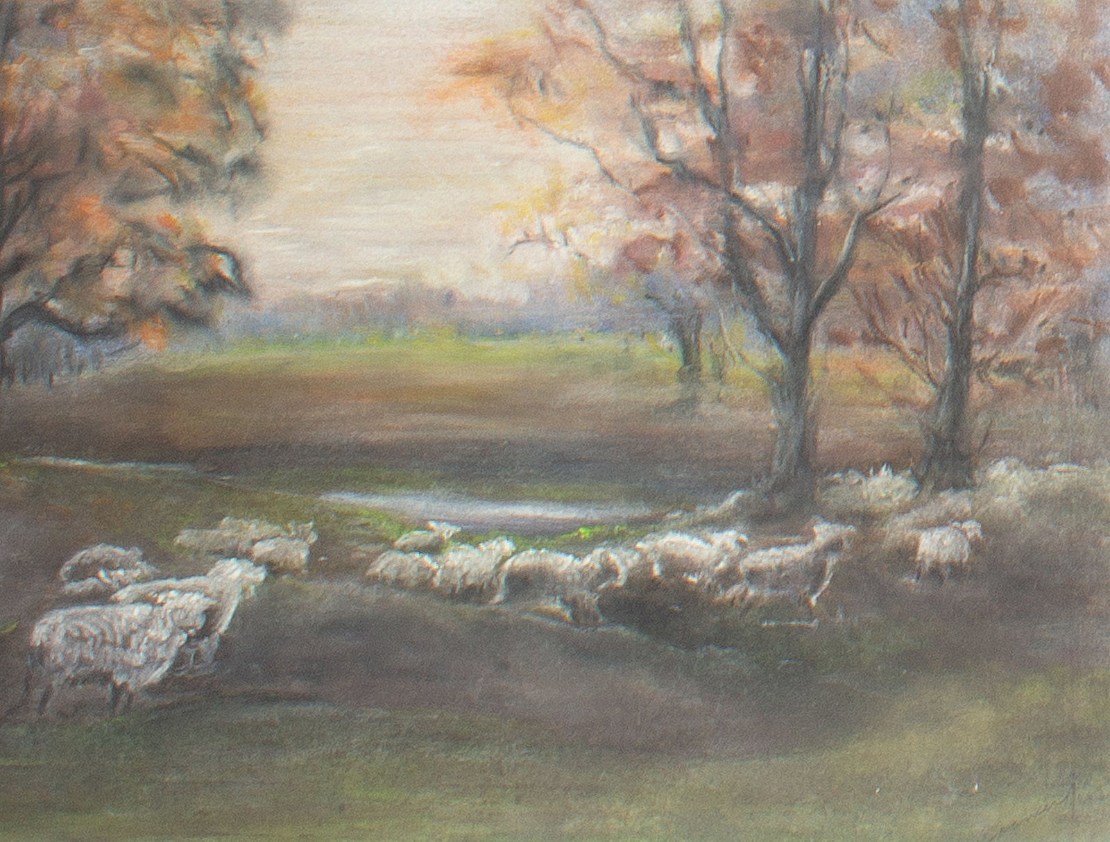 Boomer Chalk Pastel Landscape Drawing with Grazing Sheep: Chalk pastel landscape drawing with grazing sheep. Signed "Boomer" lower right, possibly Grace Boomer (American; 1873-1967). Measurements: 23.25" W x 19.25" H x
