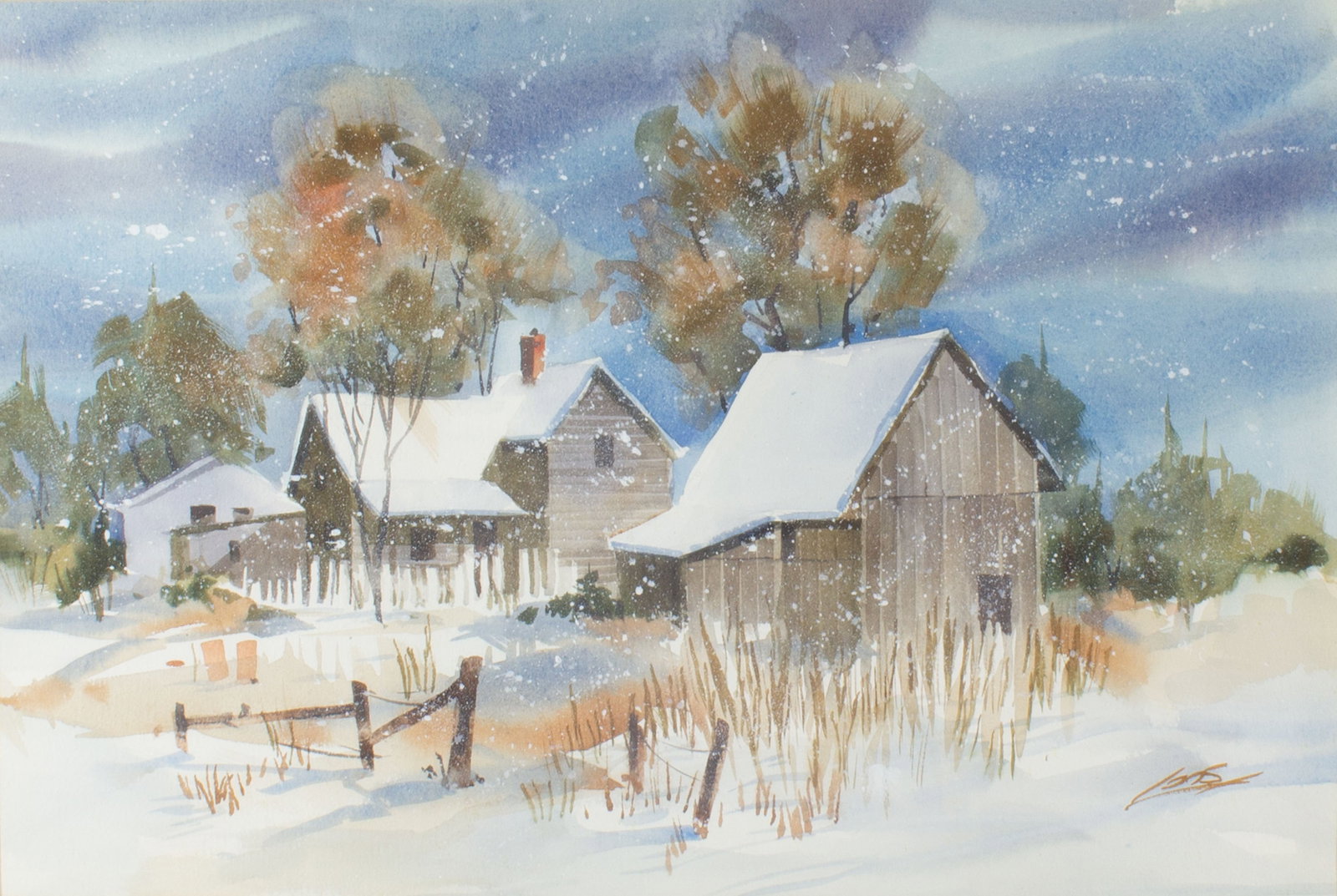 Ray Loos "First Snow" Watercolor Painting: Watercolor painting titled First Snow by Ray Loos (American; 1919-1996). Signed lower right, titled verso. Measurements: 29.5" W x 22.5" H x 1" D (frame); 21"
