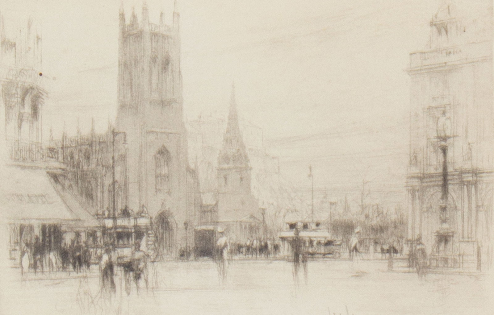 William Walcot "West End, Edinburgh" Etching: Etching titled West End, Edinburgh by William Walcot (British; 1874-1943). Signed lower right. Measurements: 13.25" W x 11.25" H x .75" D (frame); 4.75" W x 3