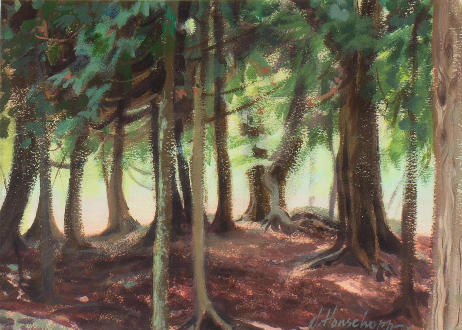 Joanne Honschopp "Northport Light" Acrylic Landscape Painting: Acrylic painting of a wooded landscape titled Northport Light by Joanne Honschopp (American; 20th/21st century). Signed lower right, titled verso. Measurements: 17.5" W x